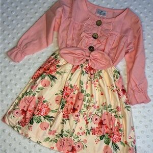 Girls Pink floral button down bow dress